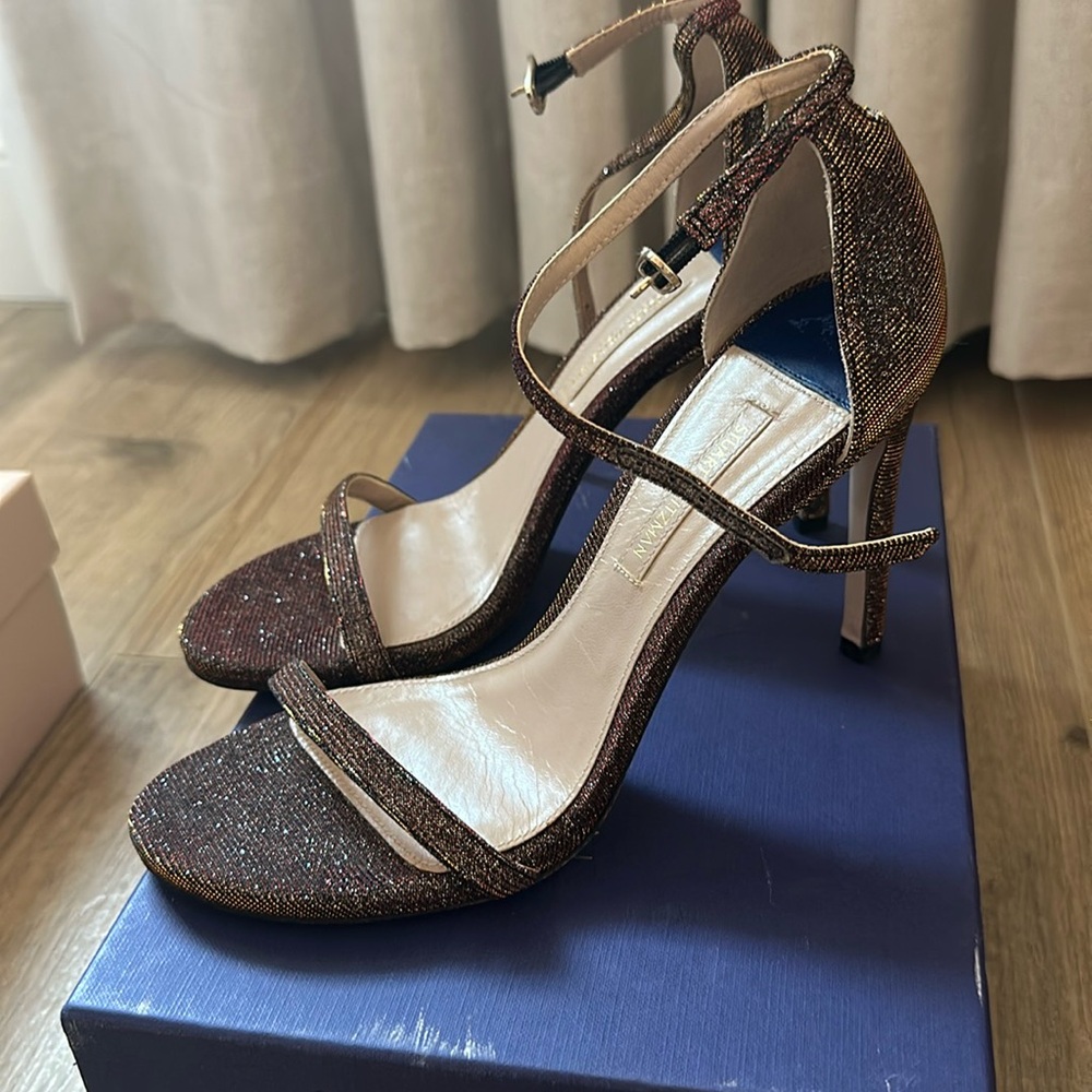 Stuart Weitzman Glittery Brown Ankle Strap Heels